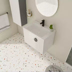 Meuble-lavabo de salle de bain avec évier en céramique blanche, meuble-lavabo mural flottant et ensemble lavabo avec porte à fermeture amortie.