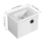 Meuble-lavabo de salle de bain avec évier en céramique blanche, meuble-lavabo mural flottant et ensemble lavabo avec porte à fermeture amortie.