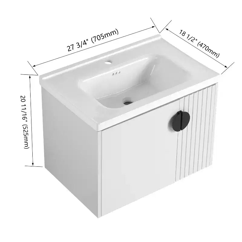 Meuble-lavabo de salle de bain avec évier en céramique blanche, meuble-lavabo mural flottant et ensemble lavabo avec porte à fermeture amortie.