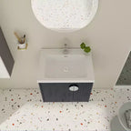Meuble-lavabo de salle de bain avec évier en céramique blanche, meuble-lavabo mural flottant et ensemble lavabo avec porte à fermeture amortie.
