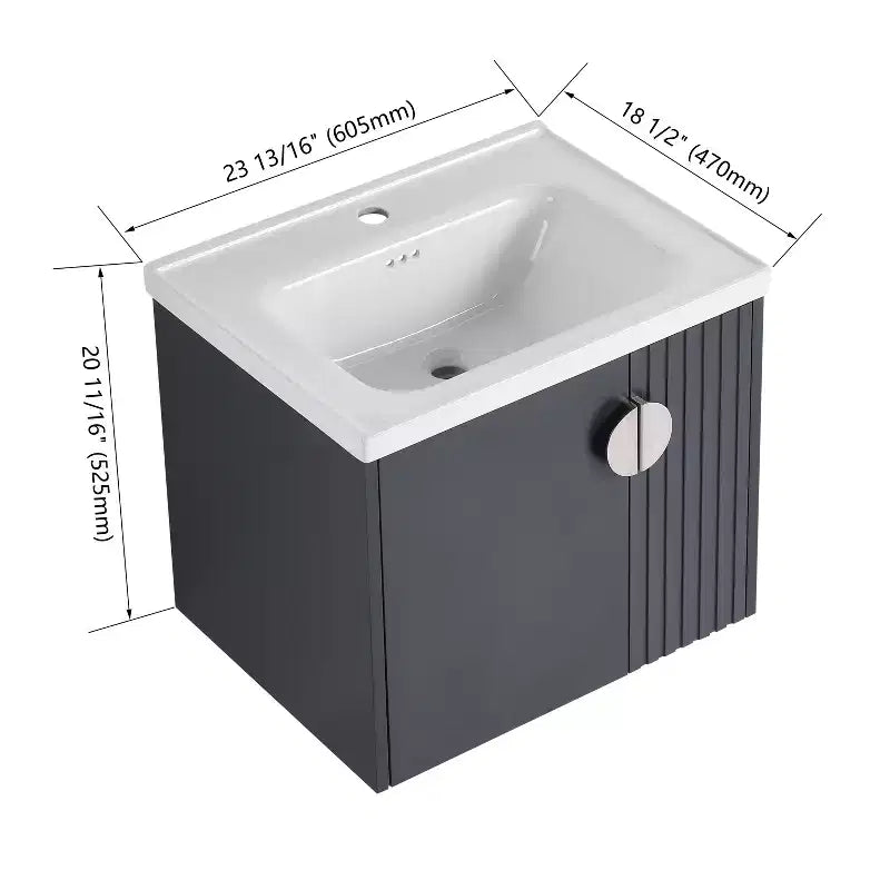 Meuble-lavabo de salle de bain avec évier en céramique blanche, meuble-lavabo mural flottant et ensemble lavabo avec porte à fermeture amortie.