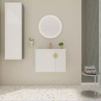 Meuble-lavabo de salle de bain avec évier en céramique blanche, meuble-lavabo mural flottant et ensemble lavabo avec porte à fermeture amortie.