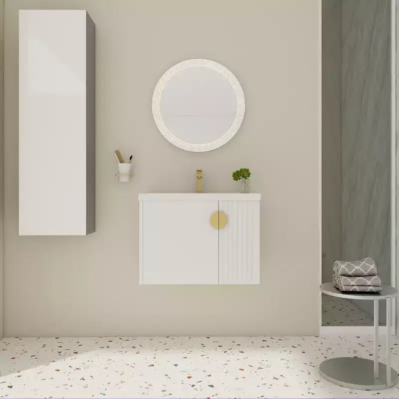 Meuble-lavabo de salle de bain avec évier en céramique blanche, meuble-lavabo mural flottant et ensemble lavabo avec porte à fermeture amortie.