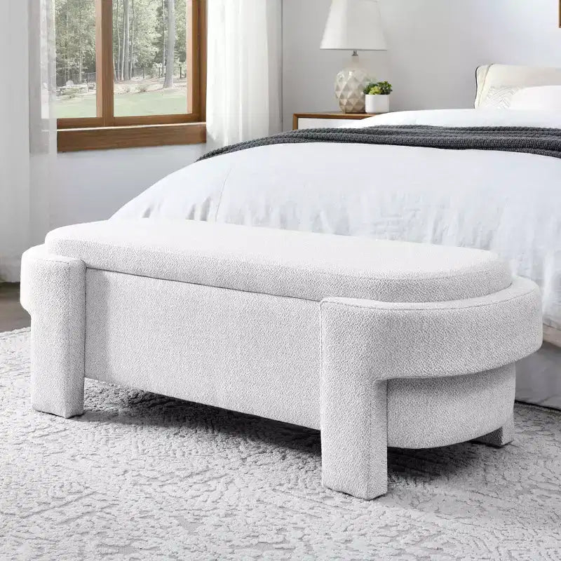 MAYEERTY Banc capitonné en tissu de lin avec grand espace de rangement pour salon, chambre à coucher, entrée, blanc