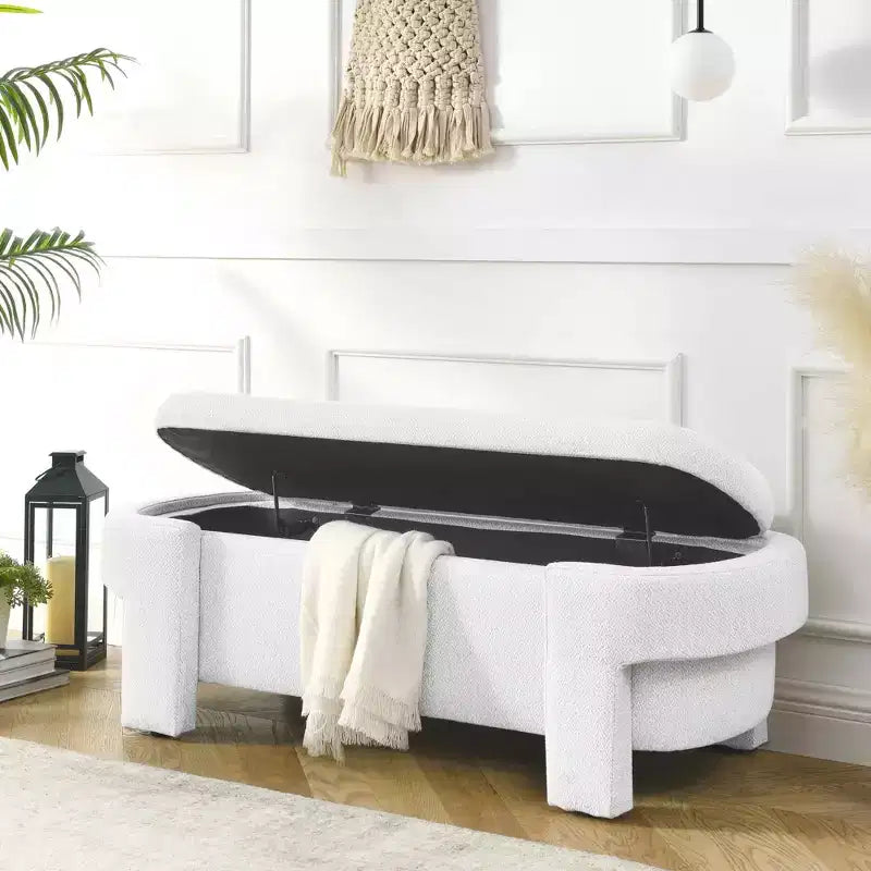 MAYEERTY Banc capitonné en tissu de lin avec grand espace de rangement pour salon, chambre à coucher, entrée, blanc