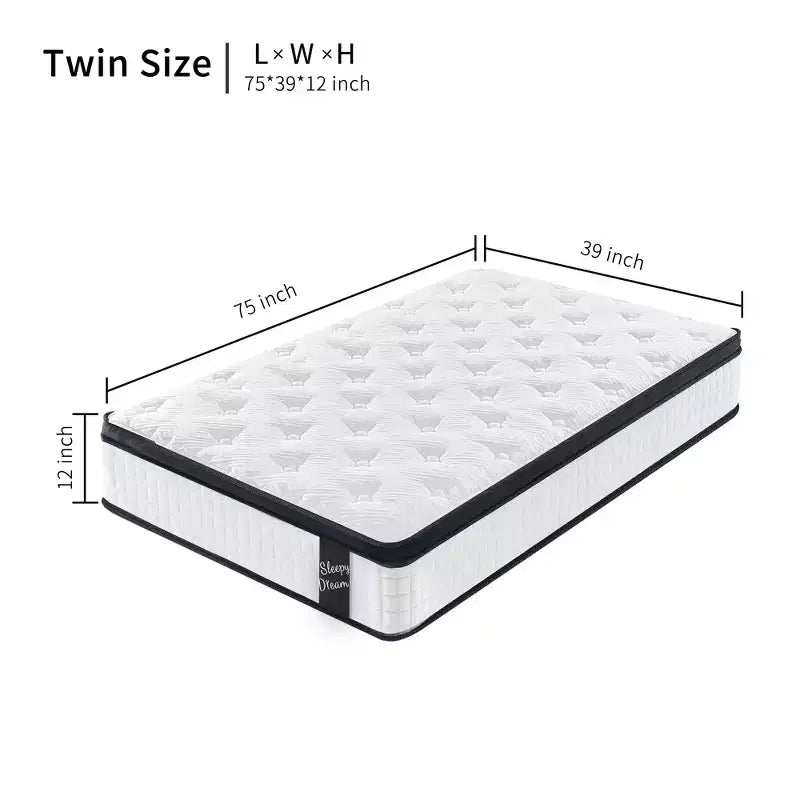 Matelas hybride jumeau de 12 pouces, ressorts ensachés individuels, mousse à mémoire de forme à 7 zones, housse tricotée, certifié CertiPUR-US, blanc