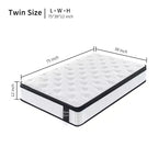 Matelas hybride jumeau de 12 pouces, ressorts ensachés individuels, mousse à mémoire de forme à 7 zones, housse tricotée, certifié CertiPUR-US, blanc