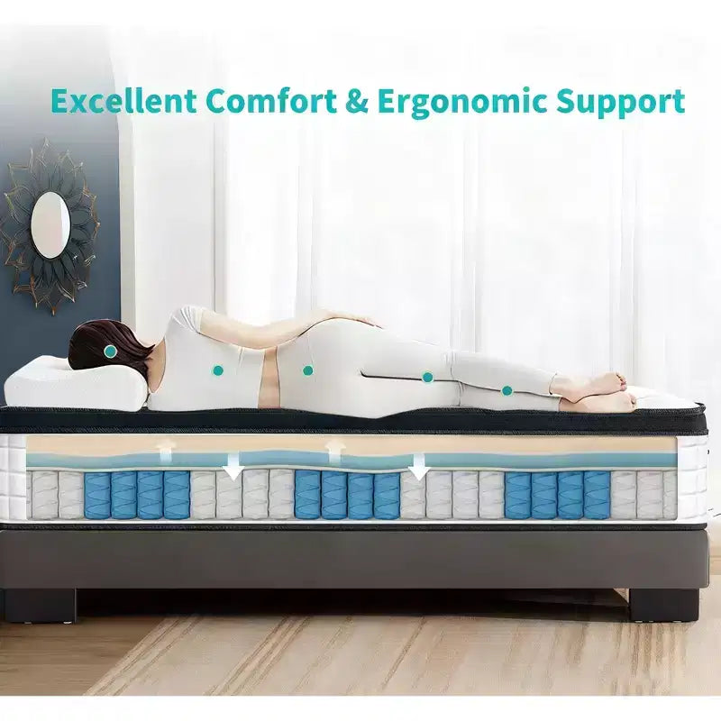 Matelas hybride jumeau de 12 pouces, ressorts ensachés individuels, mousse à mémoire de forme à 7 zones, housse tricotée, certifié CertiPUR-US, blanc