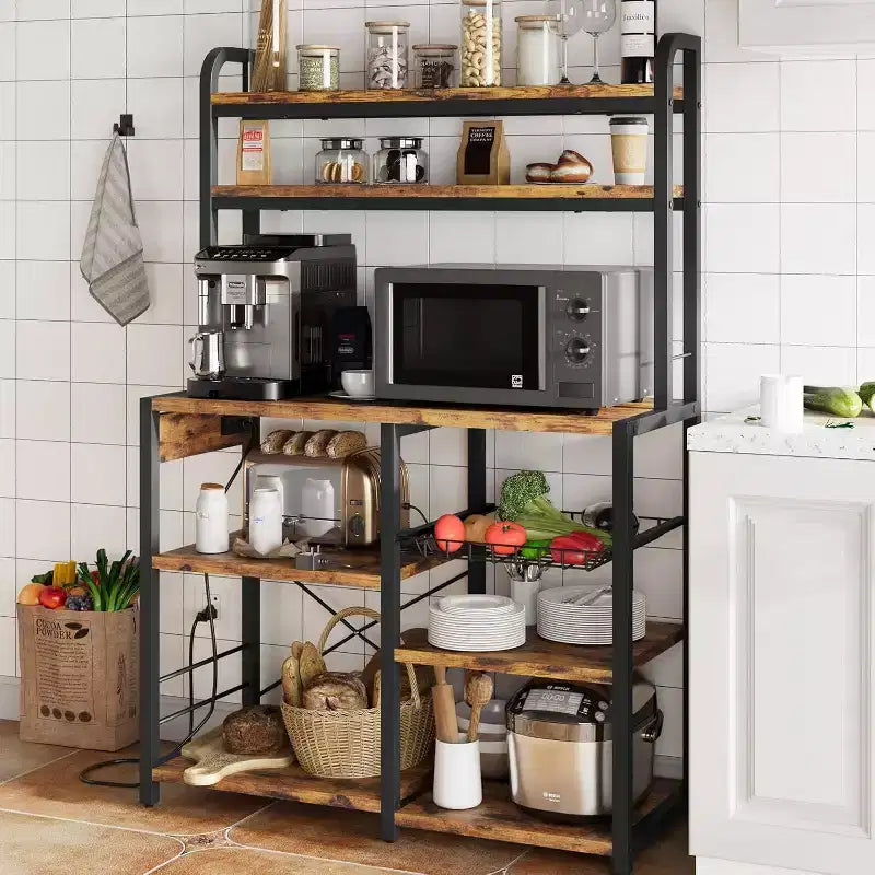 Meuble de Rangement Multi-Niveaux 6 Étages avec Prises Électriques Meuble de Rangement pour Micro-ondes Étagères Ouvertes pour Cuisine Salle à Manger Salon