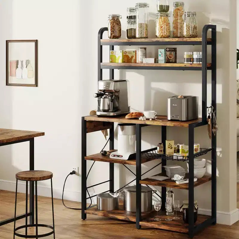 Meuble de Rangement Multi-Niveaux 6 Étages avec Prises Électriques Meuble de Rangement pour Micro-ondes Étagères Ouvertes pour Cuisine Salle à Manger Salon