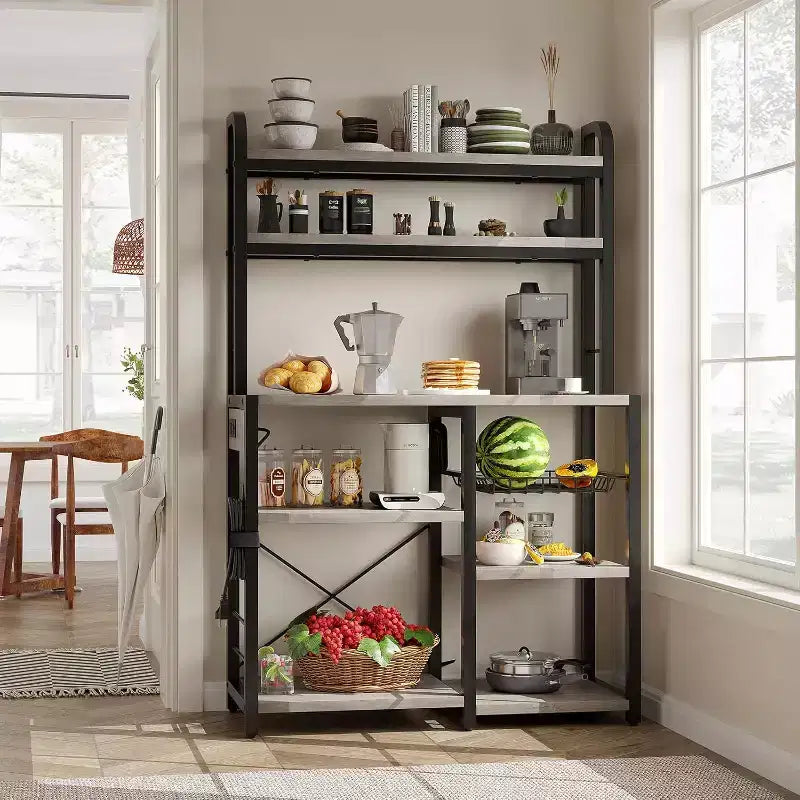 Meuble de Rangement Multi-Niveaux 6 Étages avec Prises Électriques Meuble de Rangement pour Micro-ondes Étagères Ouvertes pour Cuisine Salle à Manger Salon