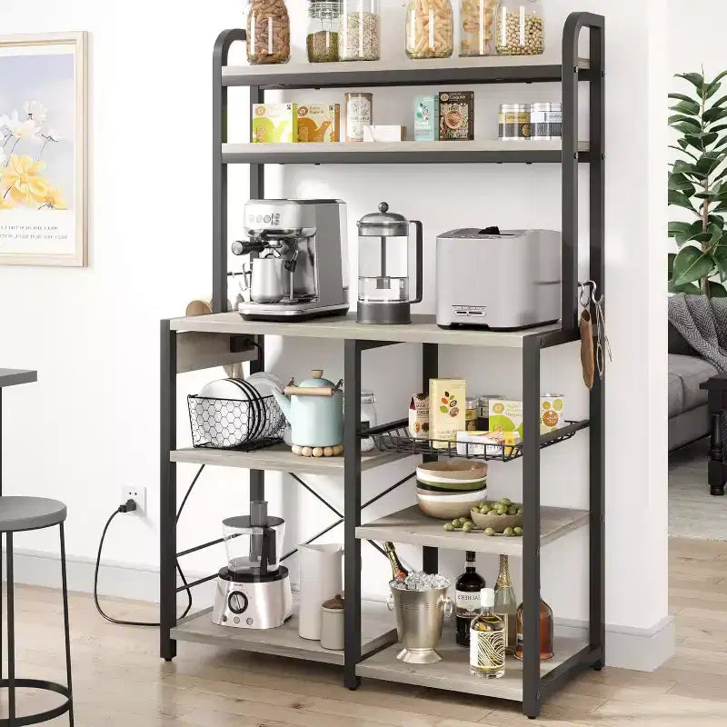 Meuble de Rangement Multi-Niveaux 6 Étages avec Prises Électriques Meuble de Rangement pour Micro-ondes Étagères Ouvertes pour Cuisine Salle à Manger Salon