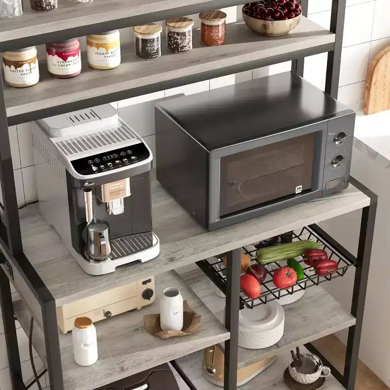Meuble de Rangement Multi-Niveaux 6 Étages avec Prises Électriques Meuble de Rangement pour Micro-ondes Étagères Ouvertes pour Cuisine Salle à Manger Salon
