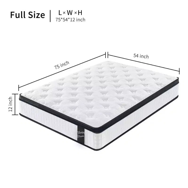 Matelas hybride pleine grandeur 12 pouces, ressorts ensachés individuels, mousse à mémoire de forme 7 zones, housse tricotée, certifié CertiPUR-US, blanc
