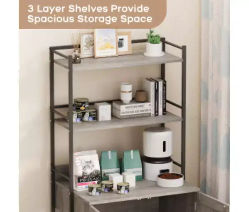 Meuble litière pour chat à 2 niveaux, MDF + PB + cadre en fer,