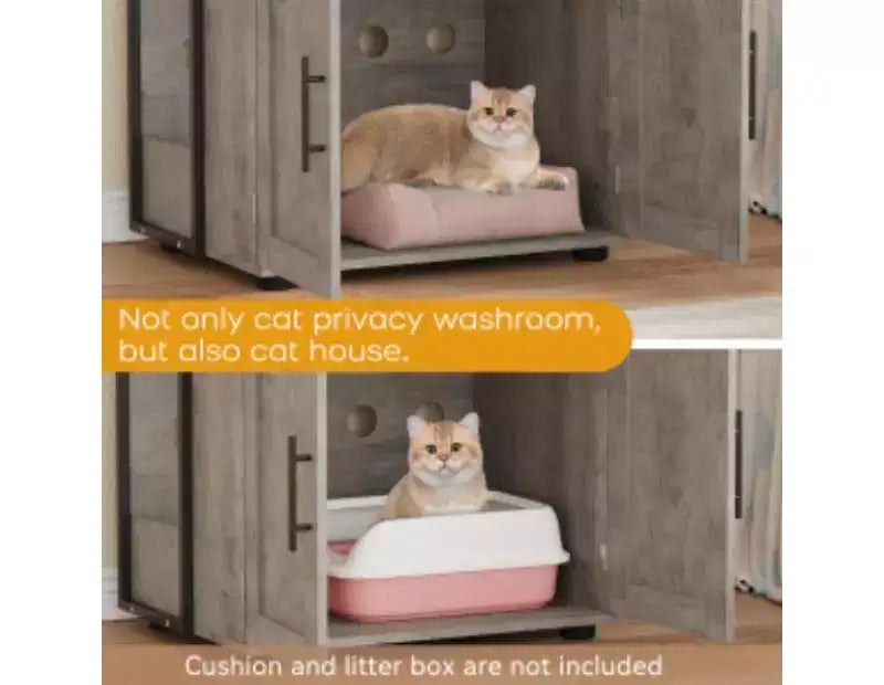 Meuble litière pour chat à 2 niveaux, MDF + PB + cadre en fer,