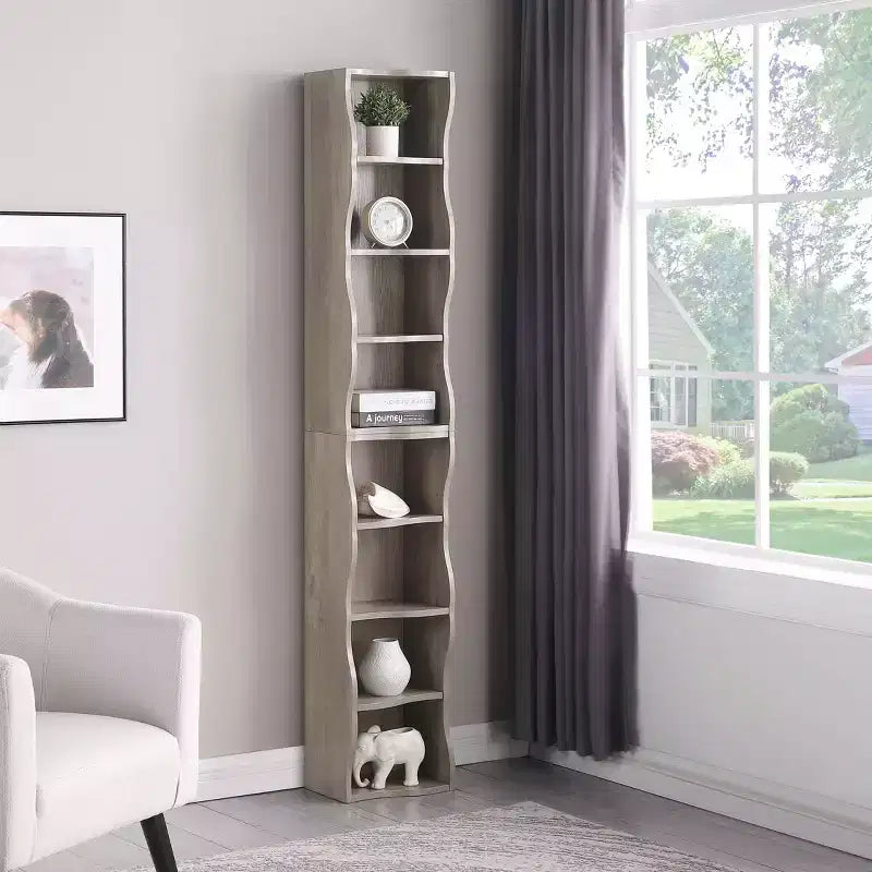 Étagère réglable à 8 niveaux MAYEERTY, vitrine, bibliothèque ultra-mince avec un motif de bordure ondulée pour salon Gris