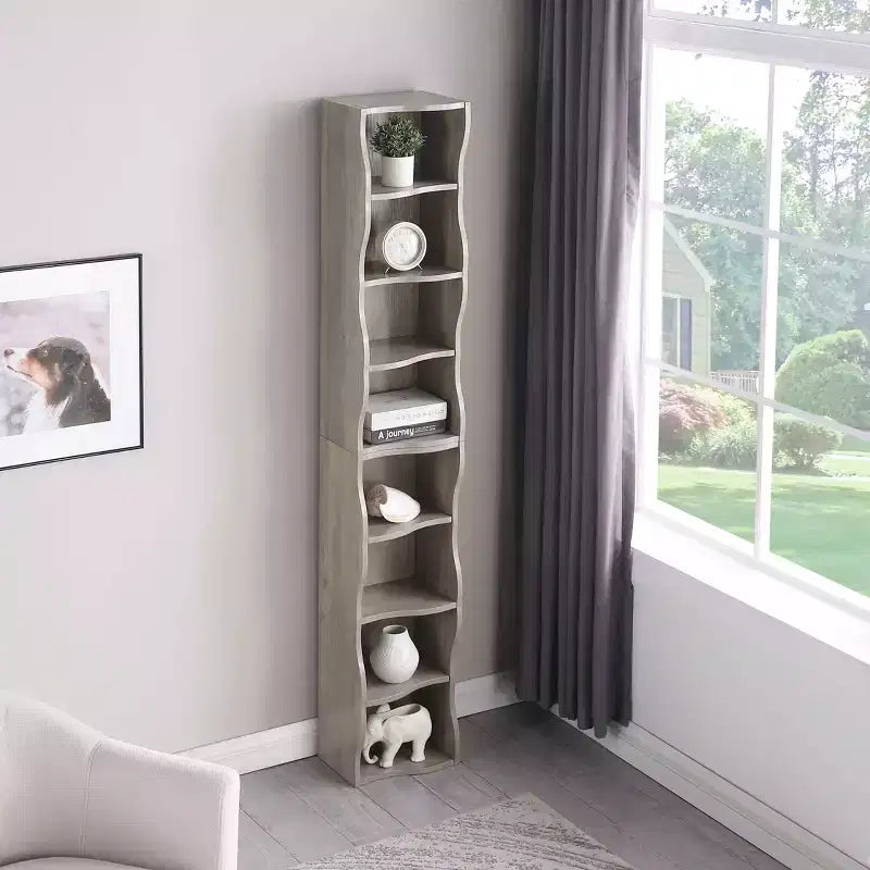 Étagère réglable à 8 niveaux MAYEERTY, vitrine, bibliothèque ultra-mince avec un motif de bordure ondulée pour salon Gris