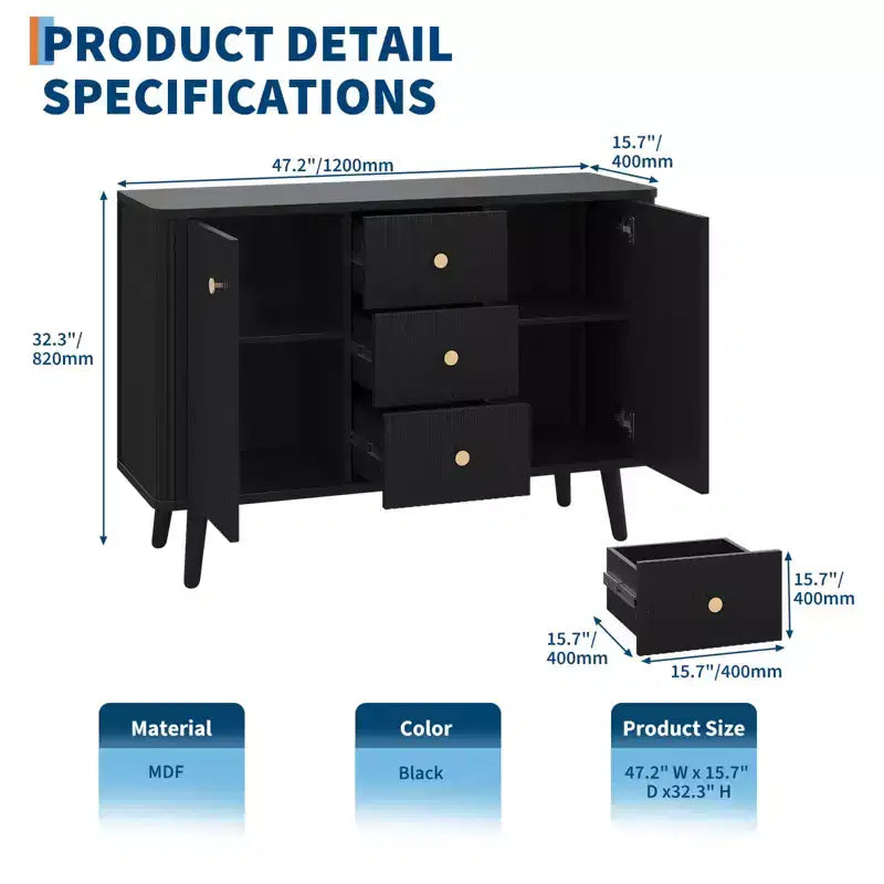 COZONY 47 Modern Fluted Sideboard Buffet Cabinet, 3 Drawers, Slim Storage Cabinet, Wood Coffee Bar Station for Dining Room, Living Room