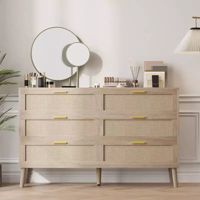 COZONY 6-Drawer Storage Chest w/ Golden Handles Natural Rattan Design for Bedroom, Living Room & Entryway