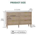 COZONY Commode à 6 tiroirs avec poignées dorées, design en rotin naturel pour chambre, salon et entrée