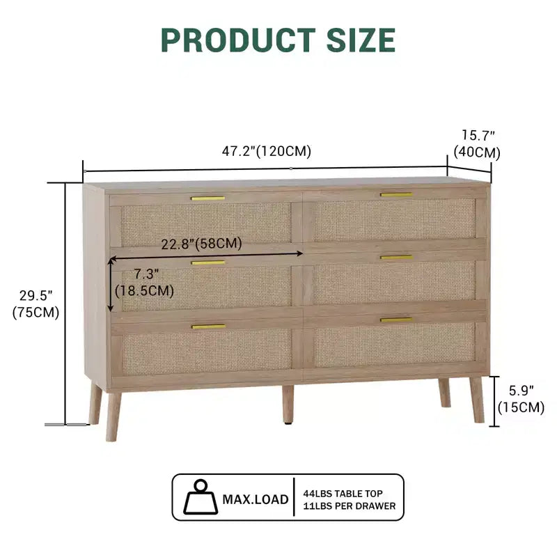 COZONY Commode à 6 tiroirs avec poignées dorées, design en rotin naturel pour chambre, salon et entrée