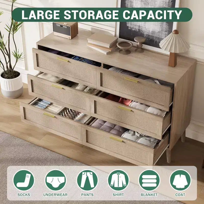 COZONY Commode à 6 tiroirs avec poignées dorées, design en rotin naturel pour chambre, salon et entrée