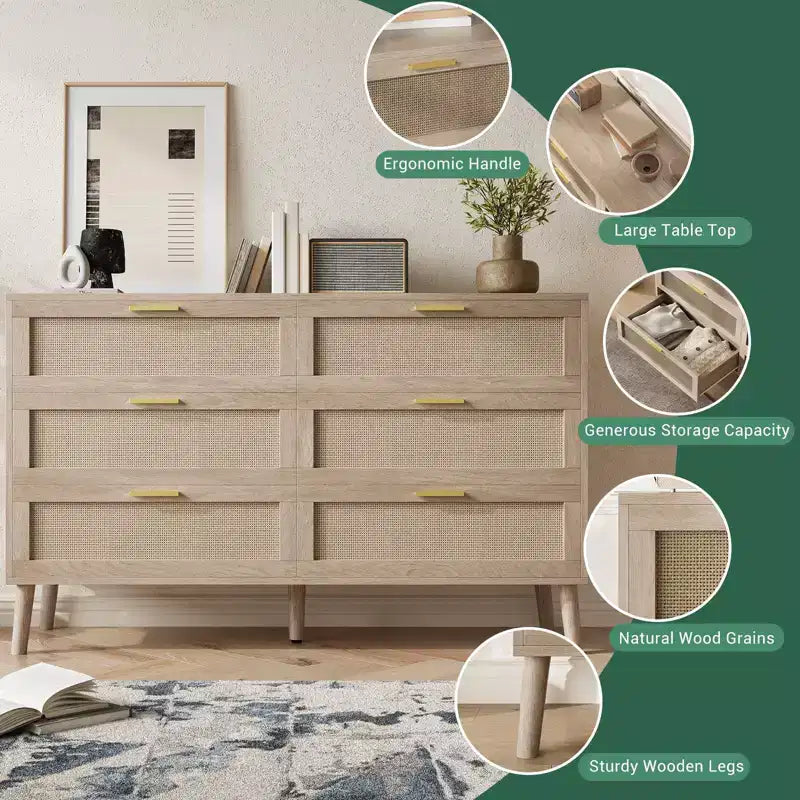 COZONY Commode à 6 tiroirs avec poignées dorées, design en rotin naturel pour chambre, salon et entrée