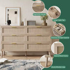 COZONY Commode à 6 tiroirs avec poignées dorées, design en rotin naturel pour chambre, salon et entrée