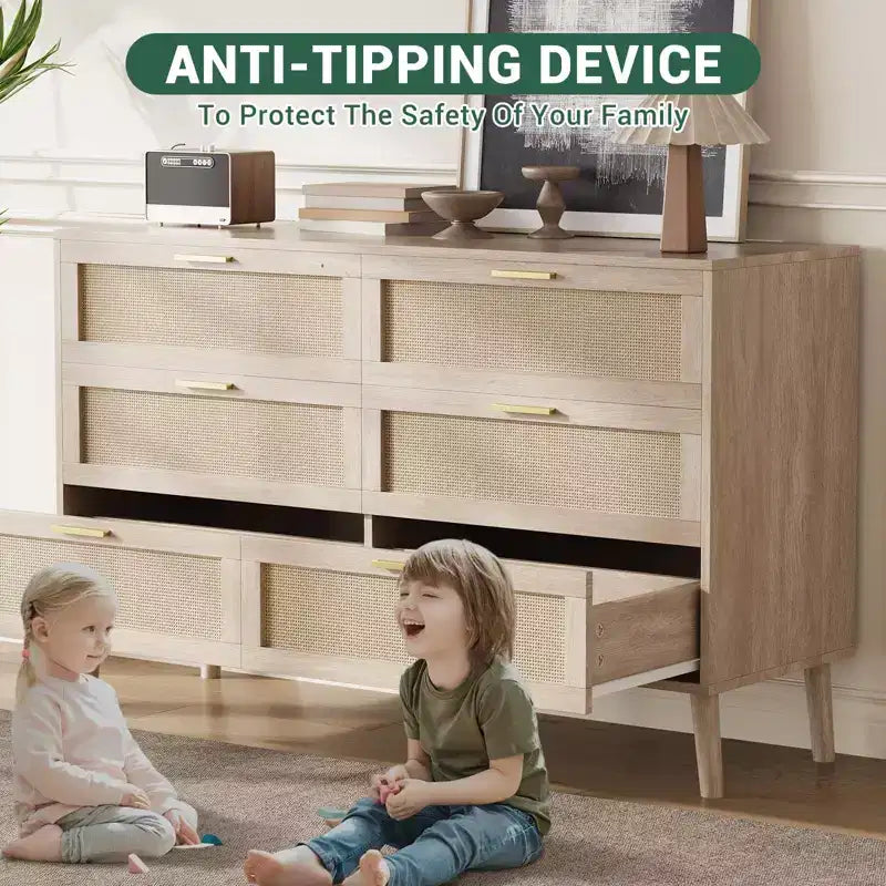 COZONY Commode à 6 tiroirs avec poignées dorées, design en rotin naturel pour chambre, salon et entrée