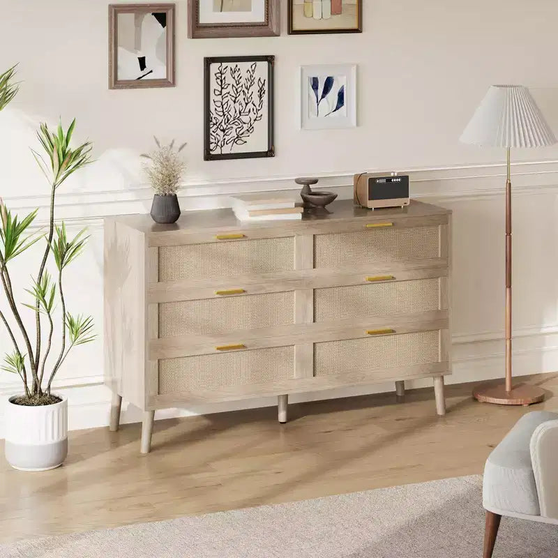 COZONY Commode à 6 tiroirs avec poignées dorées, design en rotin naturel pour chambre, salon et entrée