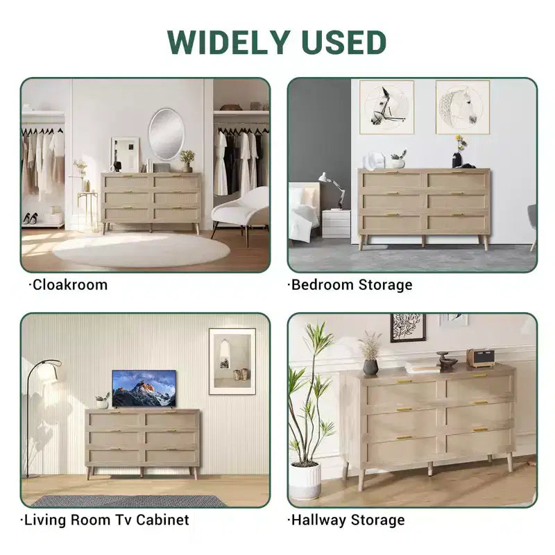 COZONY Commode à 6 tiroirs avec poignées dorées, design en rotin naturel pour chambre, salon et entrée