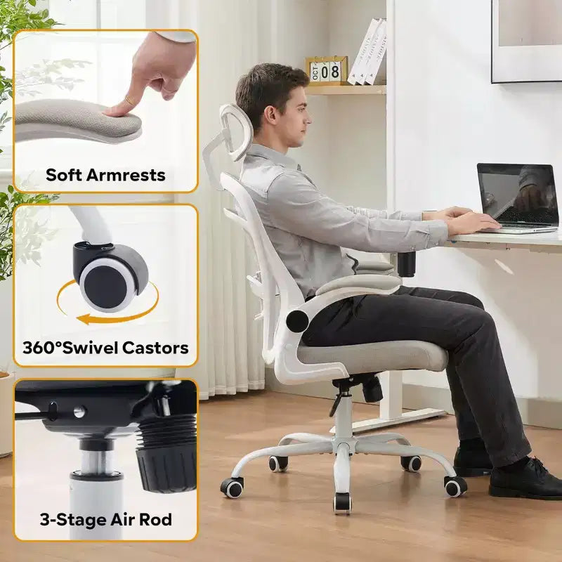 Chaise de bureau ergonomique avec accoudoirs relevables et support lombaire – Chaise de jeu à assise large pour bureau/chambre/domicile