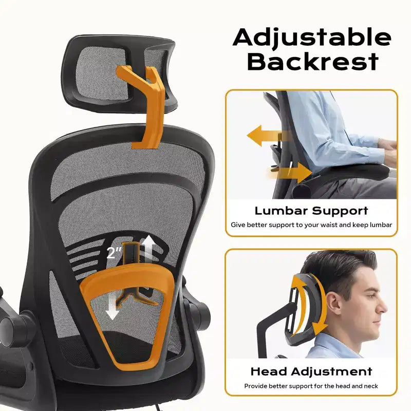 Chaise de bureau ergonomique avec accoudoirs relevables et support lombaire – Chaise de jeu à assise large pour bureau/chambre/domicile