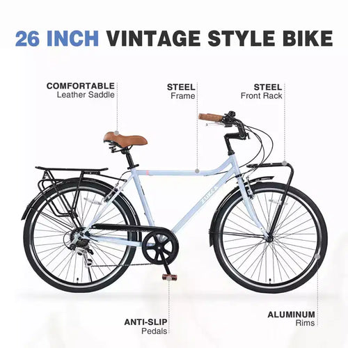 Vélo Cruiser Vintage 24/26 pouces pour hommes et femmes, vélo de ville monocycle/7 vitesses avec porte-bagages arrière, plusieurs couleurs