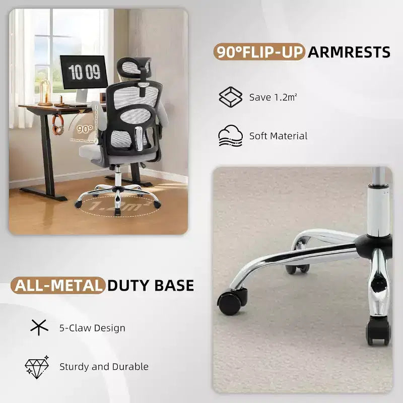 Chaise de bureau ergonomique à dossier haut en maille avec appui-tête réglable, chaise de bureau pivotante à roulettes pour la maison et la salle de jeux
