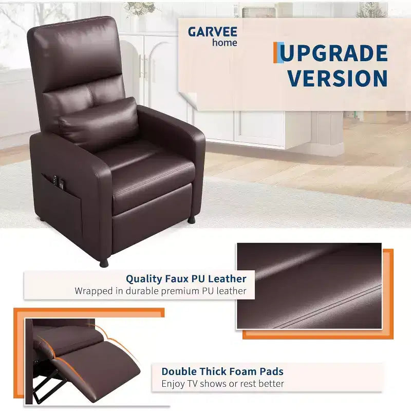 PU Leather Recliner Chair with Massage and Heat with Massage Function with Lumbar Support, Adjustable Push Back, Wide Arm