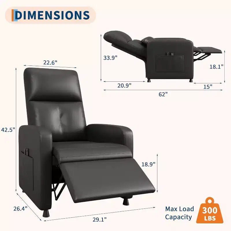 PU Leather Recliner Chair with Massage and Heat with Massage Function with Lumbar Support, Adjustable Push Back, Wide Arm