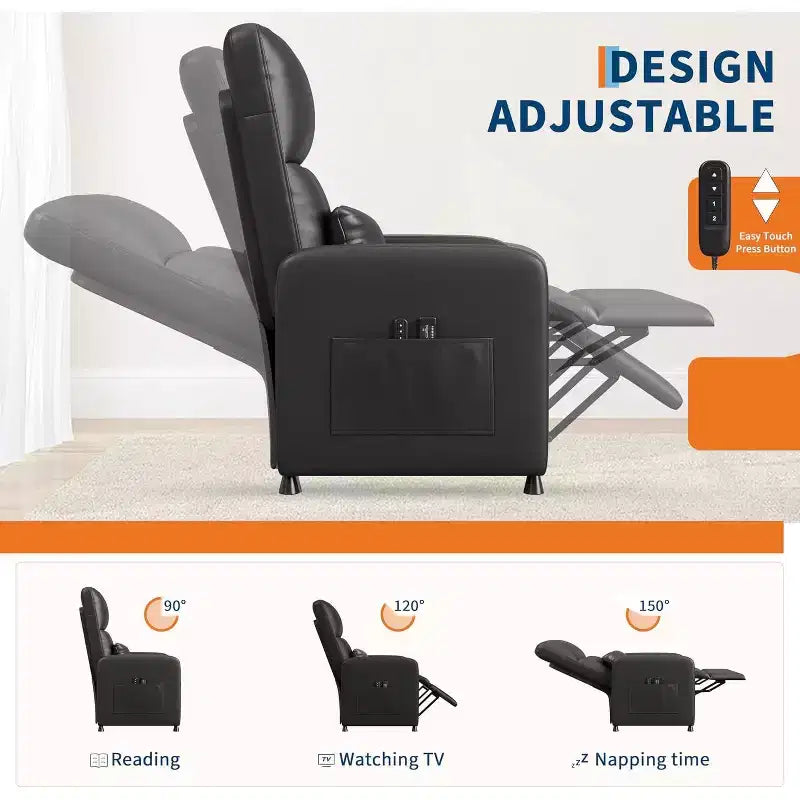 PU Leather Recliner Chair with Massage and Heat with Massage Function with Lumbar Support, Adjustable Push Back, Wide Arm