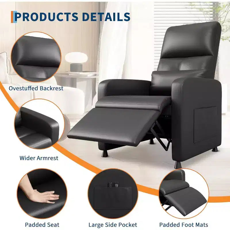 PU Leather Recliner Chair with Massage and Heat with Massage Function with Lumbar Support, Adjustable Push Back, Wide Arm