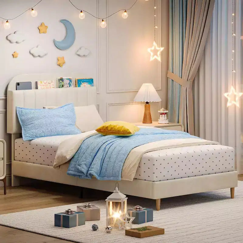 GustoWave Full Size Upholstered Platform Bed Frame with Storage Headboard & Bookshelf for Kids or Teens