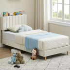 GustoWave Full Size Upholstered Platform Bed Frame with Storage Headboard & Bookshelf for Kids or Teens