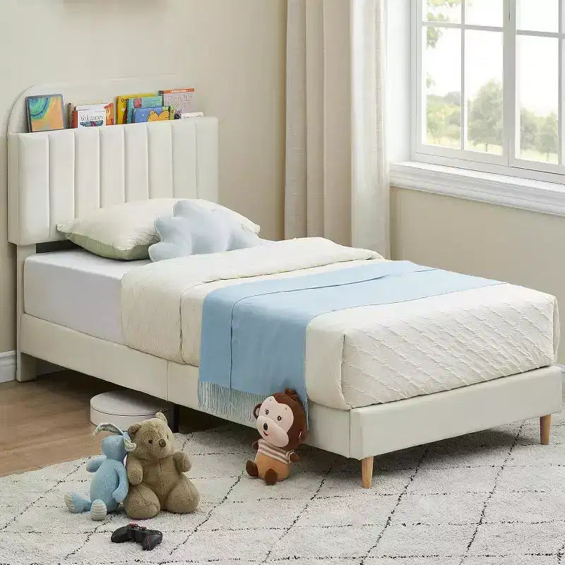 GustoWave Full Size Upholstered Platform Bed Frame with Storage Headboard & Bookshelf for Kids or Teens