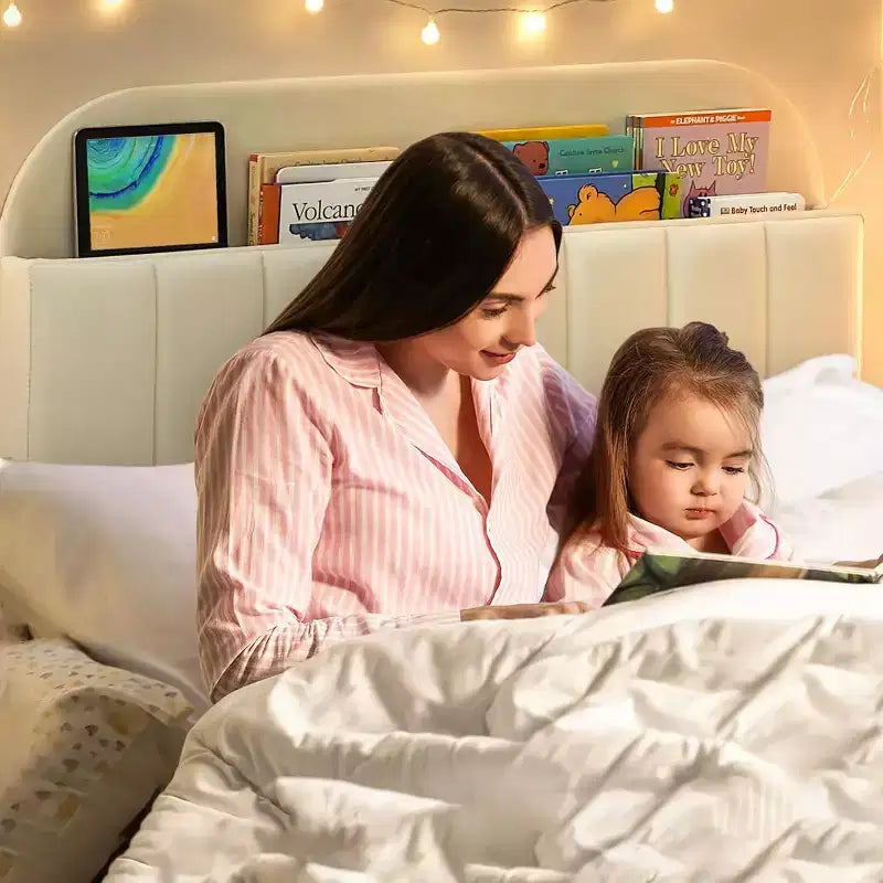 GustoWave Full Size Upholstered Platform Bed Frame with Storage Headboard & Bookshelf for Kids or Teens
