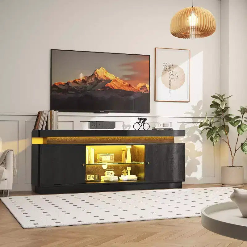 Meuble TV de 160 cm, meuble de divertissement avec rangement et étagère réglable, console média moderne pour salon