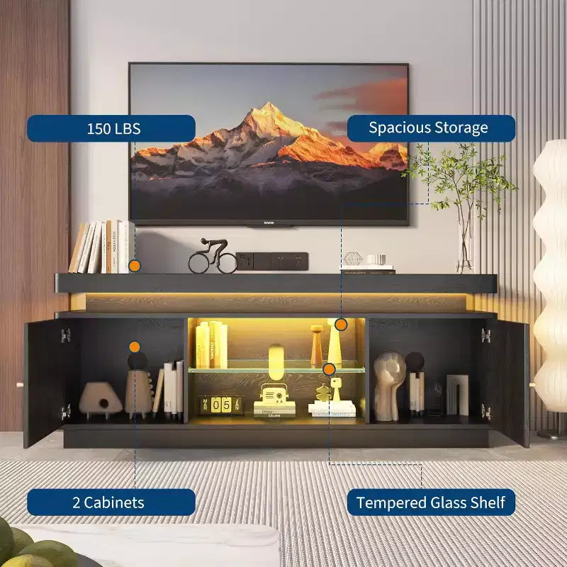 Meuble TV de 160 cm, meuble de divertissement avec rangement et étagère réglable, console média moderne pour salon