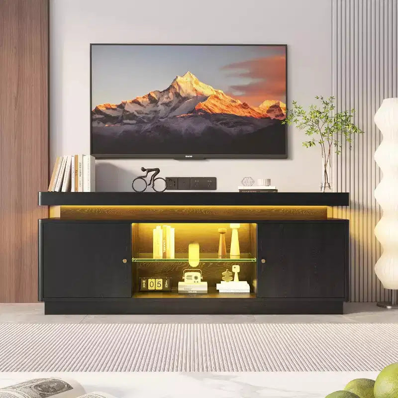 Meuble TV de 160 cm, meuble de divertissement avec rangement et étagère réglable, console média moderne pour salon