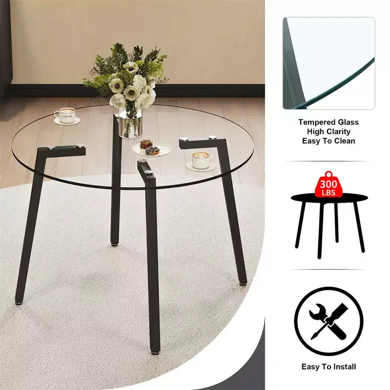 Table basse, Table ronde minimaliste moderne en verre trempé transparent, Plateau de table en verre trempé, Pieds de table en métal noir