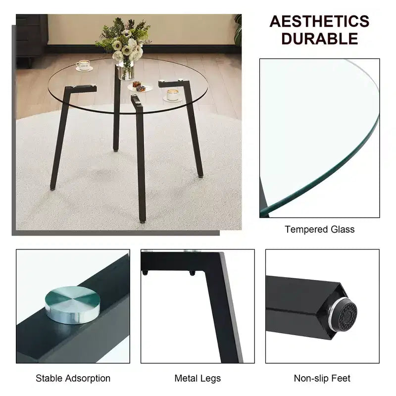 Table basse, Table ronde minimaliste moderne en verre trempé transparent, Plateau de table en verre trempé, Pieds de table en métal noir