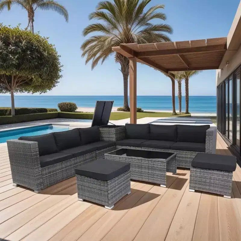 8 Piece Patio Sectional Furniture Sofa Set, Wicker Rattan Outdoor Conversation Sofa with Storage Box, for Balcony, Porch, Backyard, Deck